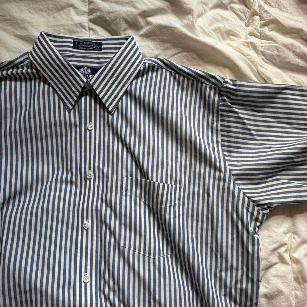 Stafford Vintage blue white striped button down shirt sz XL broadcloth academia - Picture 2 of 7